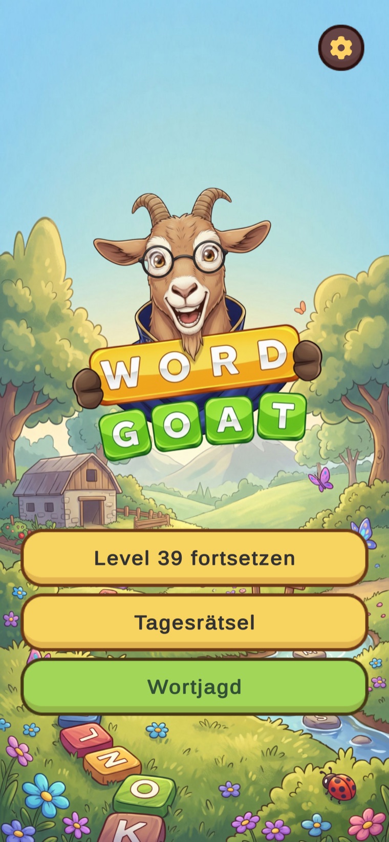 WordGOAT-Vorschau: die Ziege mit Brille auf einer gemalten Wiese mit dem Hauptmenü
