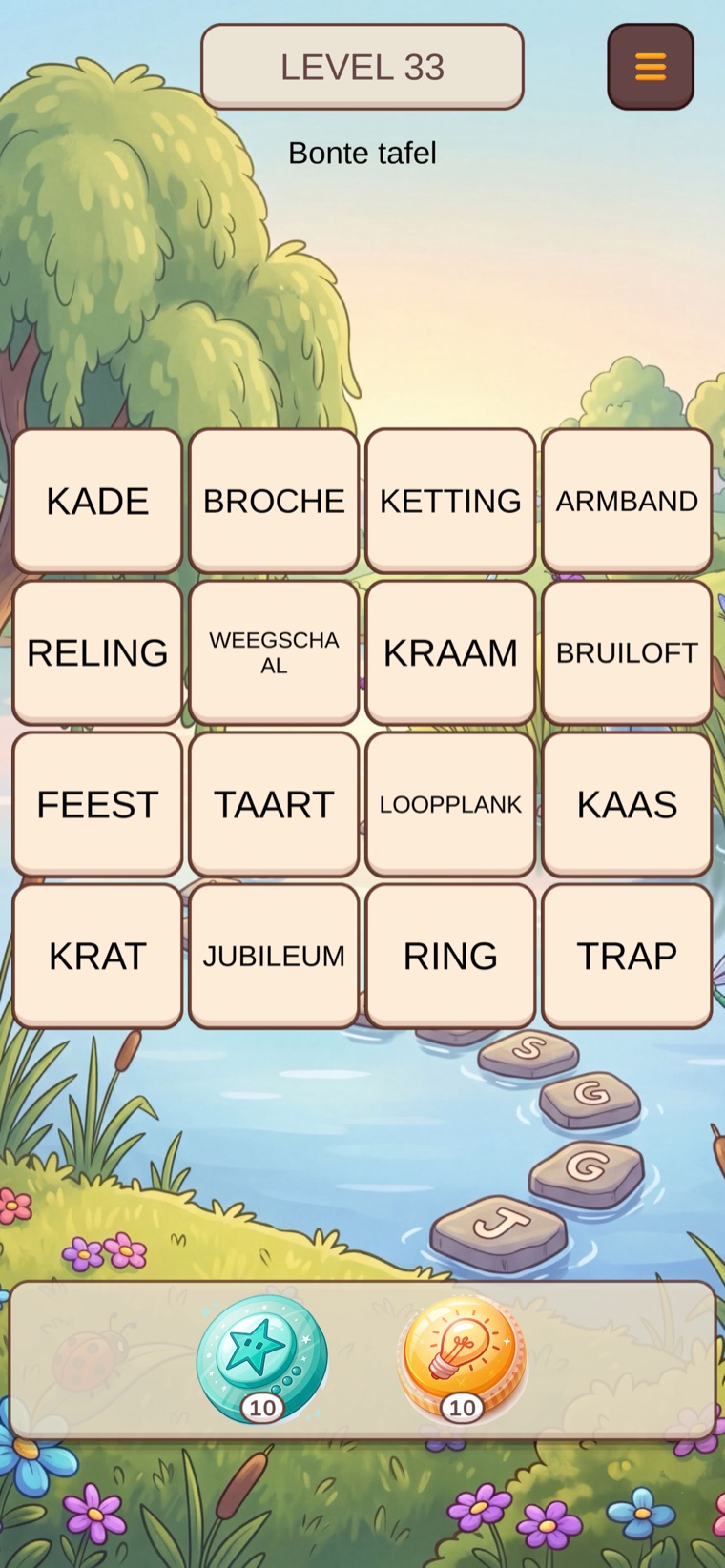 Voorbeeld van Woorden sorteren: een raster van woordtegels boven een geschilderd landschap